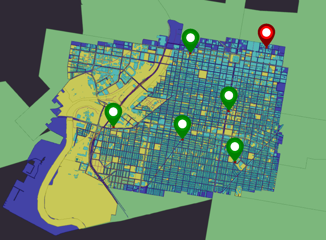 The map of Philadephia showing the 6 processed objects, where the one failure is red and the others are green.